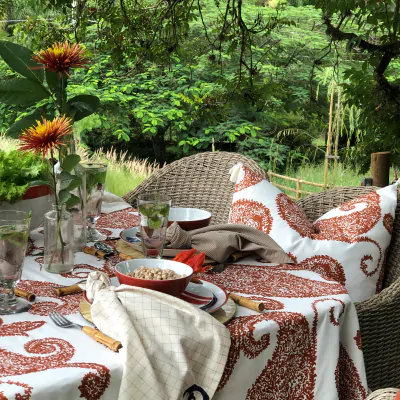 Uma mesa coberta por uma toalha vermelha com detalhes brancos destaca-se no meio de uma floresta, adornada por um vaso de flores e alguns petiscos.